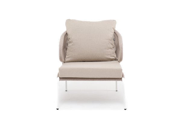 Кресло плетеное Милан из роупа, каркас алюминий белый муар, роуп бежевый круглый, ткань бежевая 35